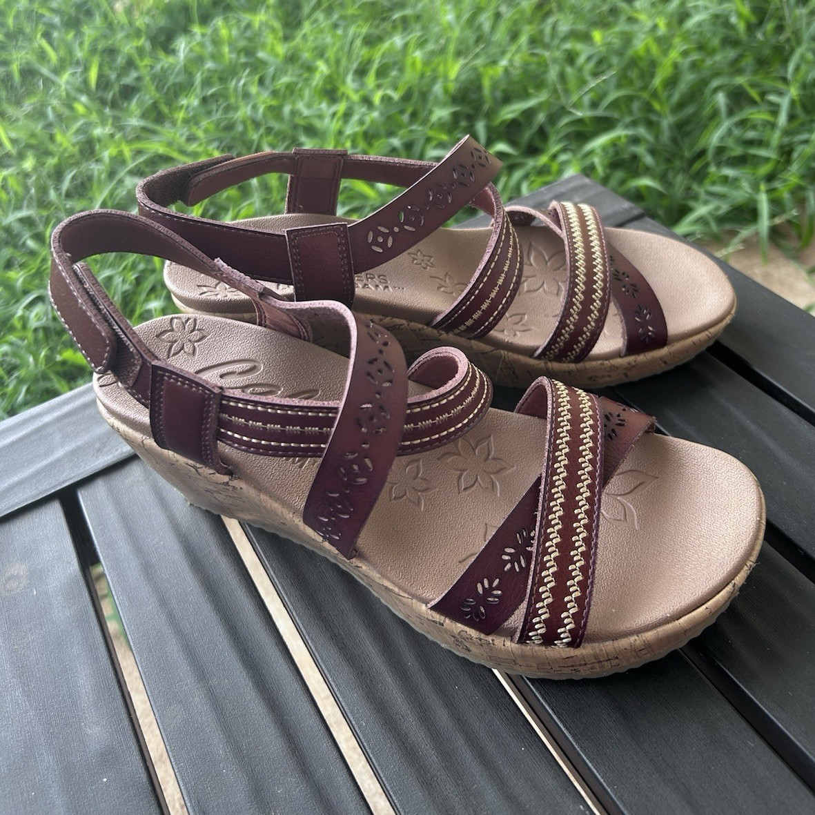 Cali from Skechers Women’s Wedge Sandals 6.5 Brown/Beige Strappy Faux Leather