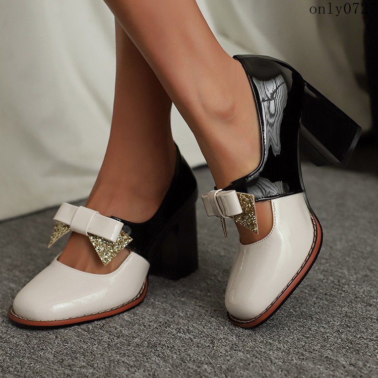 Women’s Colorblock Shiny Faux Leather Bowknot Sequins High Block Heel Shoes Plus