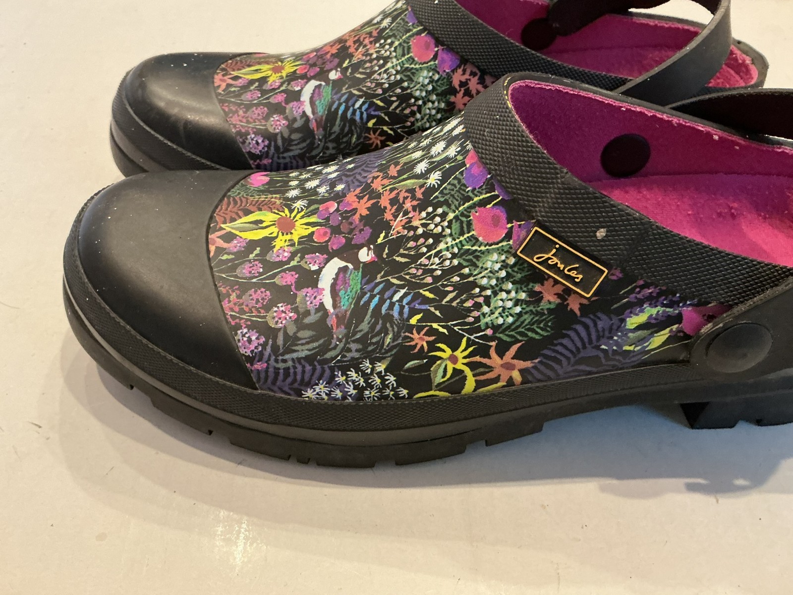 Joules Welly Clogs Size 8 Sling Back Black Ditsy Floral Garden Rain Pre-owned