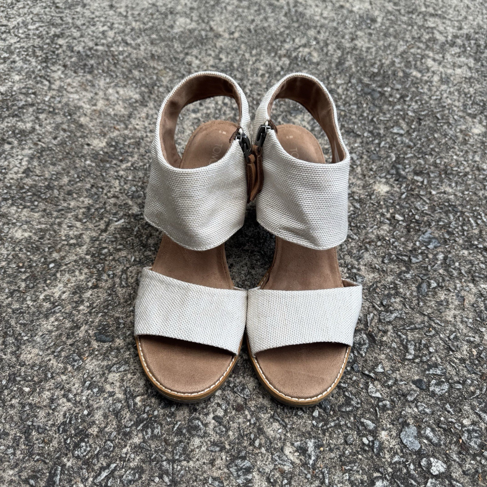Toms Majorca Cutout Sandal Women’s 9 Cream Beige Tan Woven Block Heel Shoe