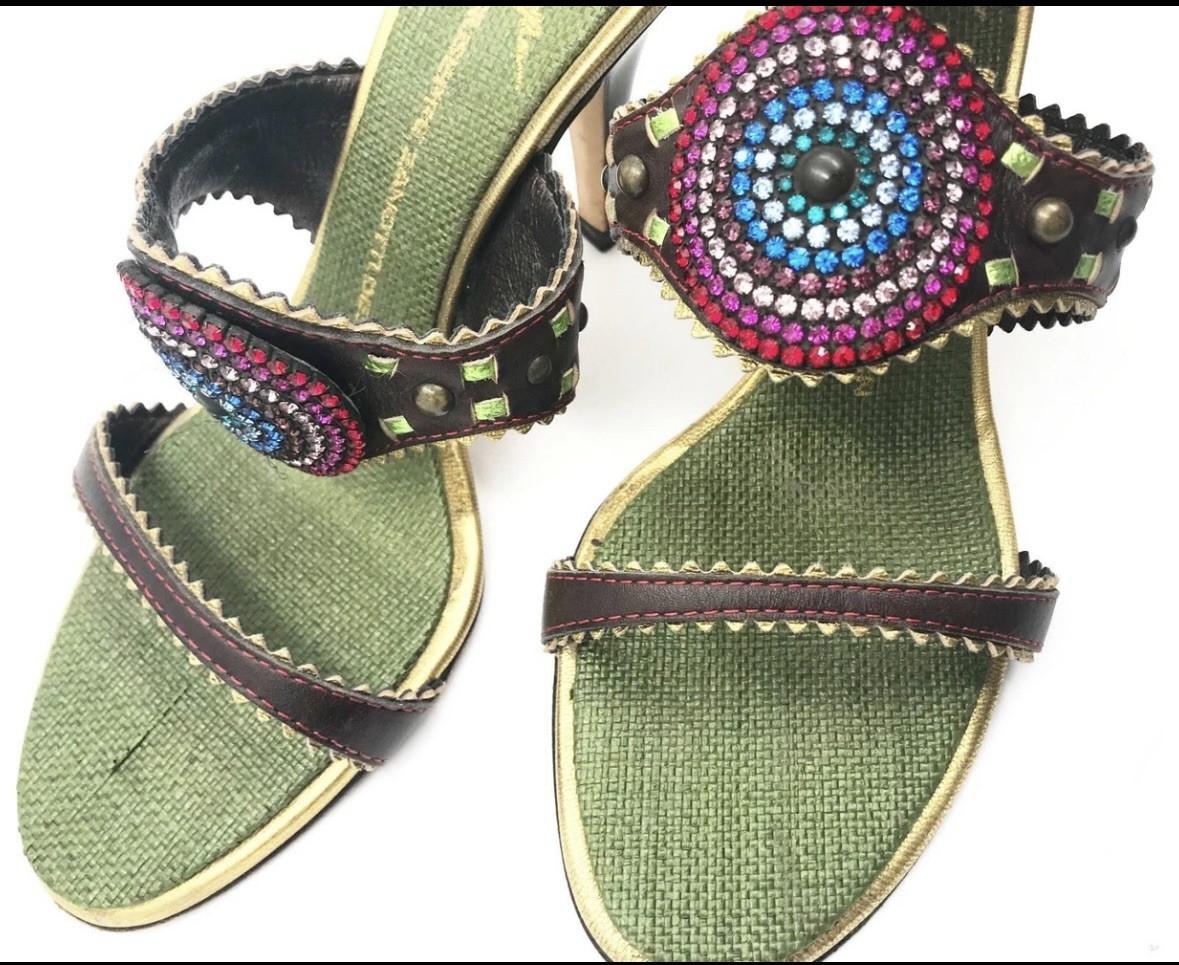 Giuseppe Zanotti Crystal Green Brown Multi Color Sandals Heels 8