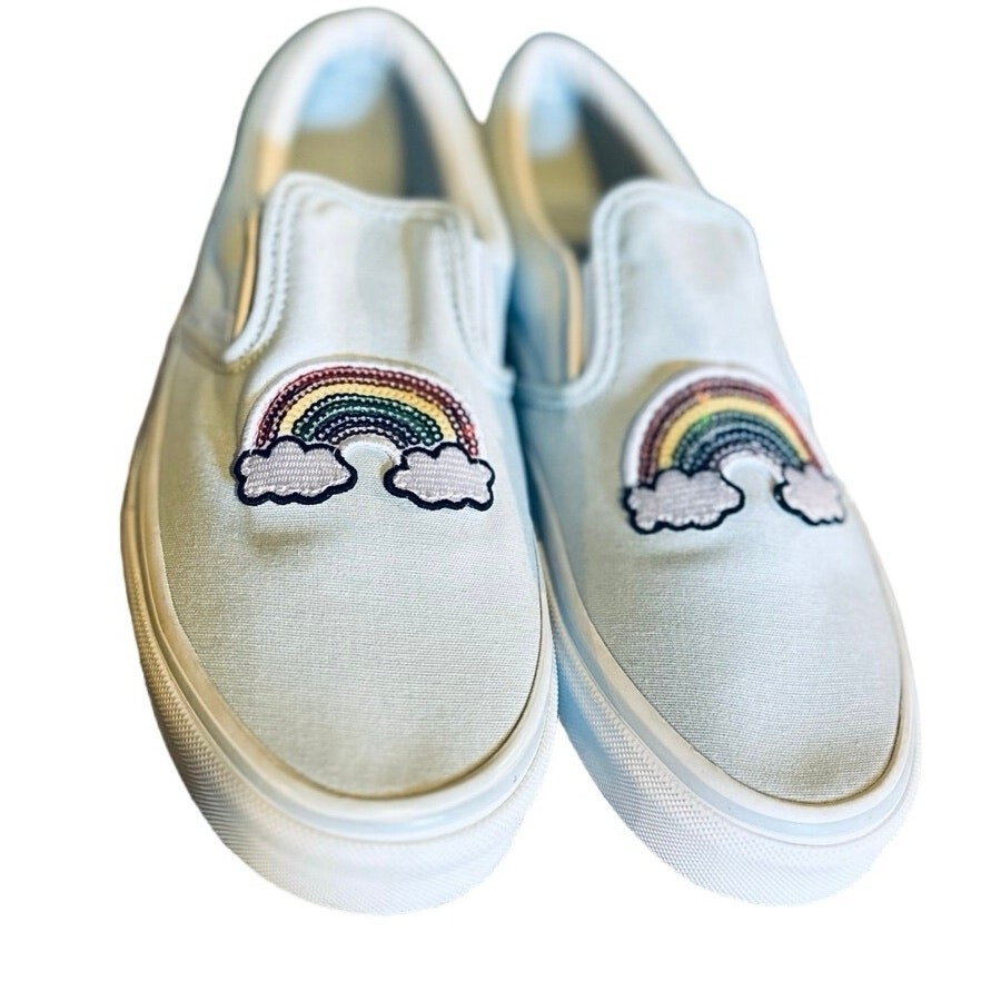 VANS SLIP-ON LIGHT BLUE SEQUINED RAINBOW ON FRONT WOMENS 8.5 JUNIORS 7 EU 39