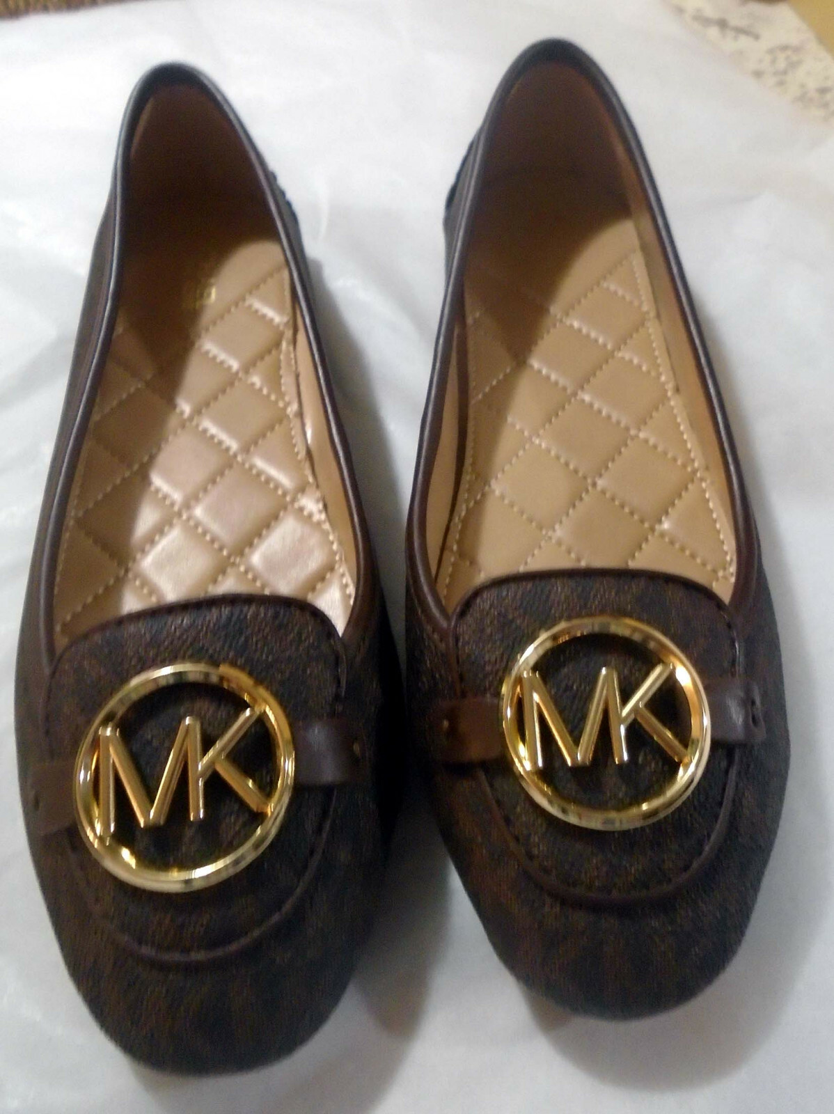Michael Kors Lillie Brown or White MK Sutton Moc Denim or Gold Leather Flats