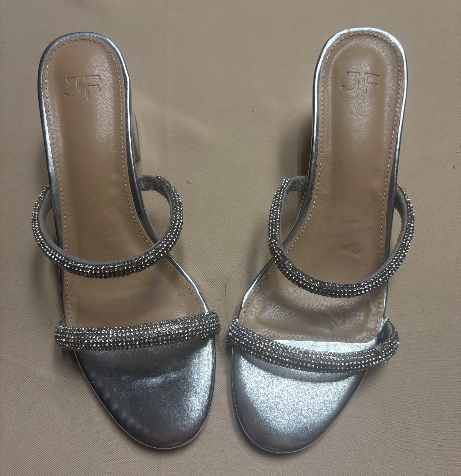 JustFab Block Heel Women’s Silver Chloe Slip On Strap Beaded Clear Sz 10 READ