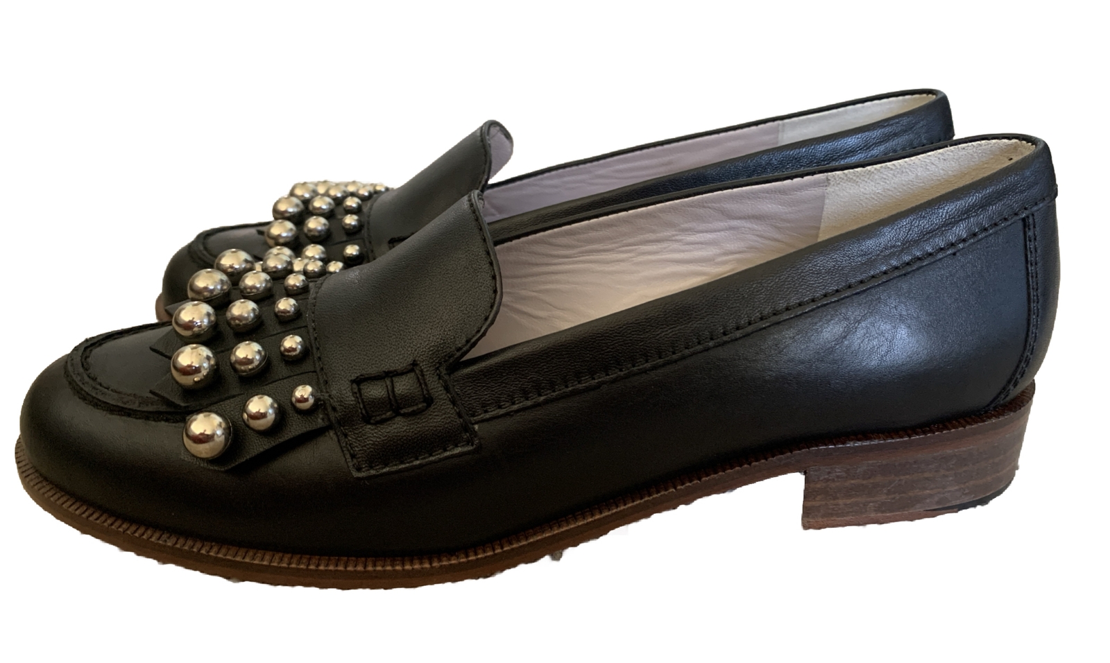 Avril Gau Black Leather Silver Beaded Tassel Penny Loafer Moccasin Size 38 US 8