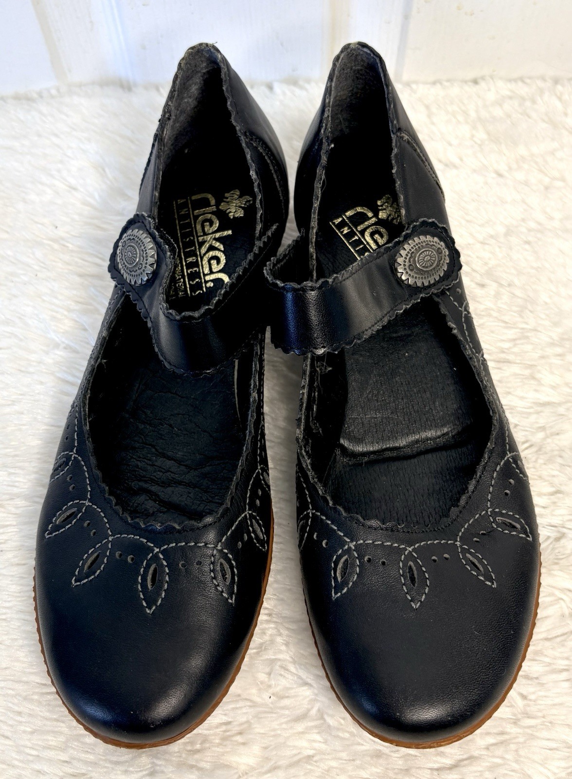 Rieker Germany Antistress Black Leather Mary Janes Silver Conch Buckles~9 (40)