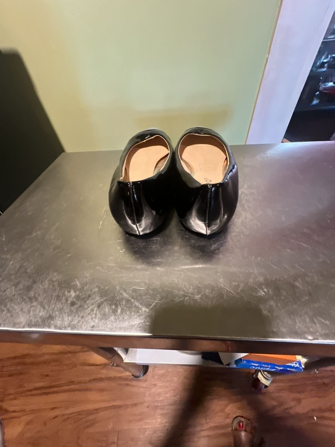Bamboo Black Patent Pointed Toe Flats with Metallic Silver Cap Toe