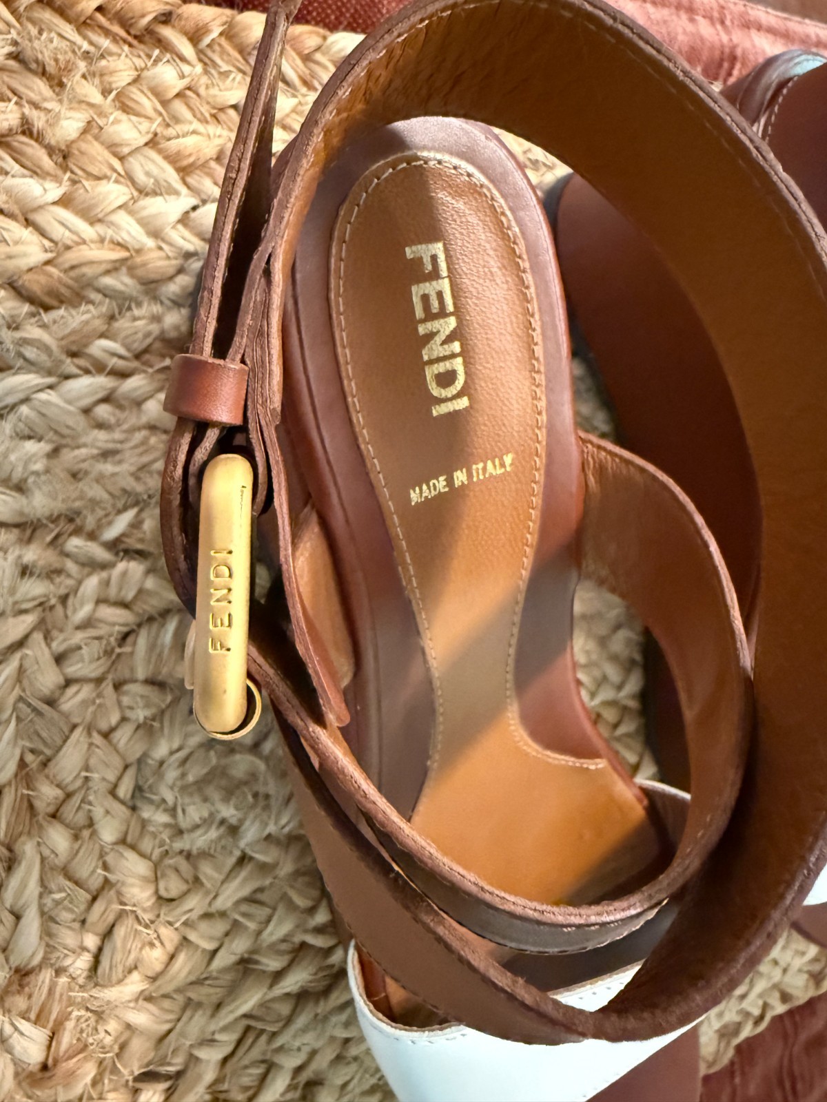 FENDI Two-tone Brown White Leather Platform Wedge Sandals Designer Clean 9/39