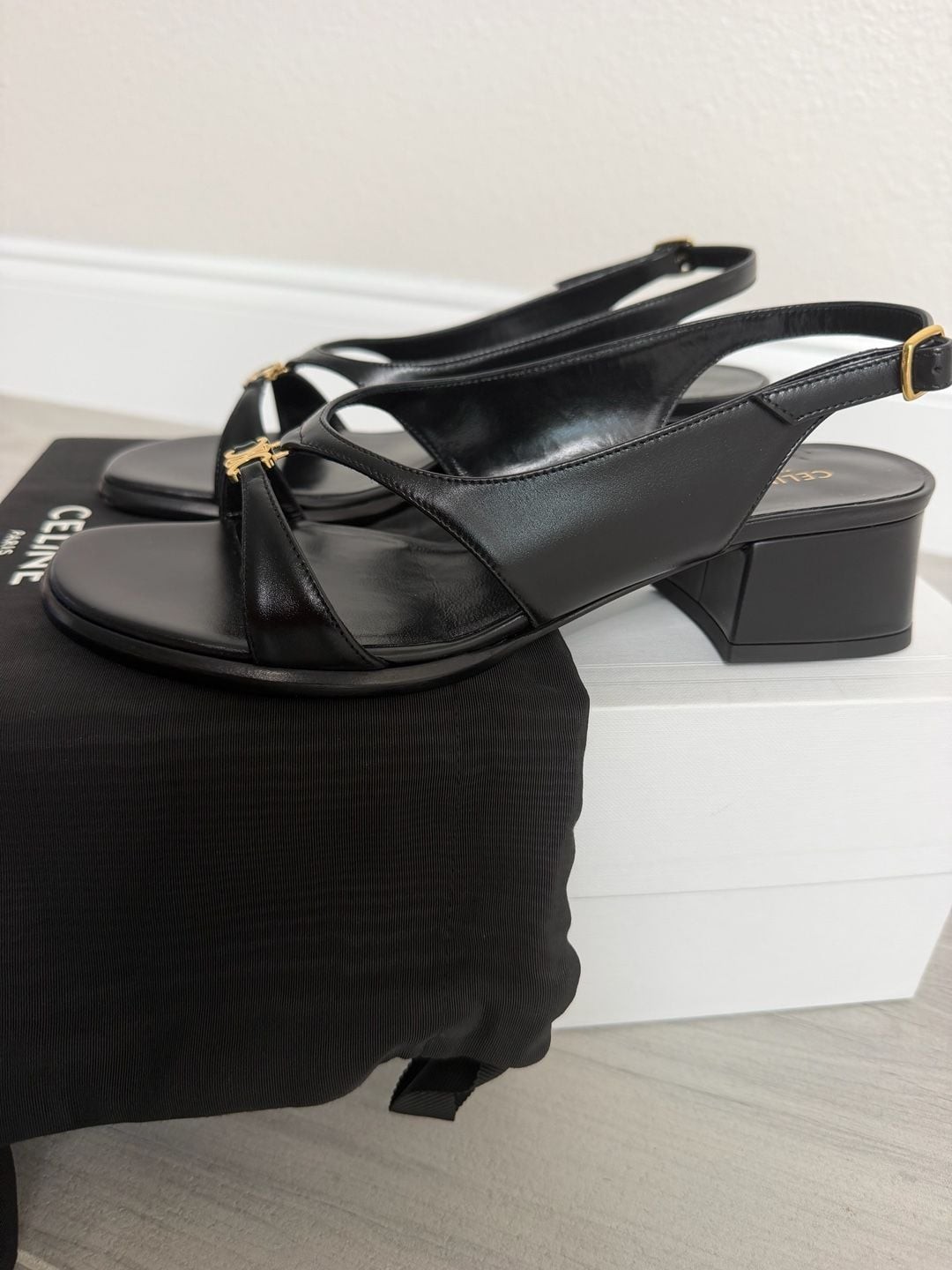 New CELINE Clémence Triomphe Slingback Sandals 40 Black Calfskin Leather