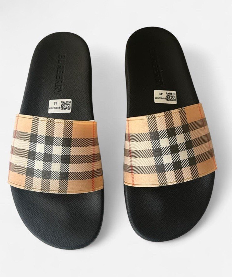 Burberry Check Slide Sandals Black/Beige Leather Slip On Logo US 11 EU 45