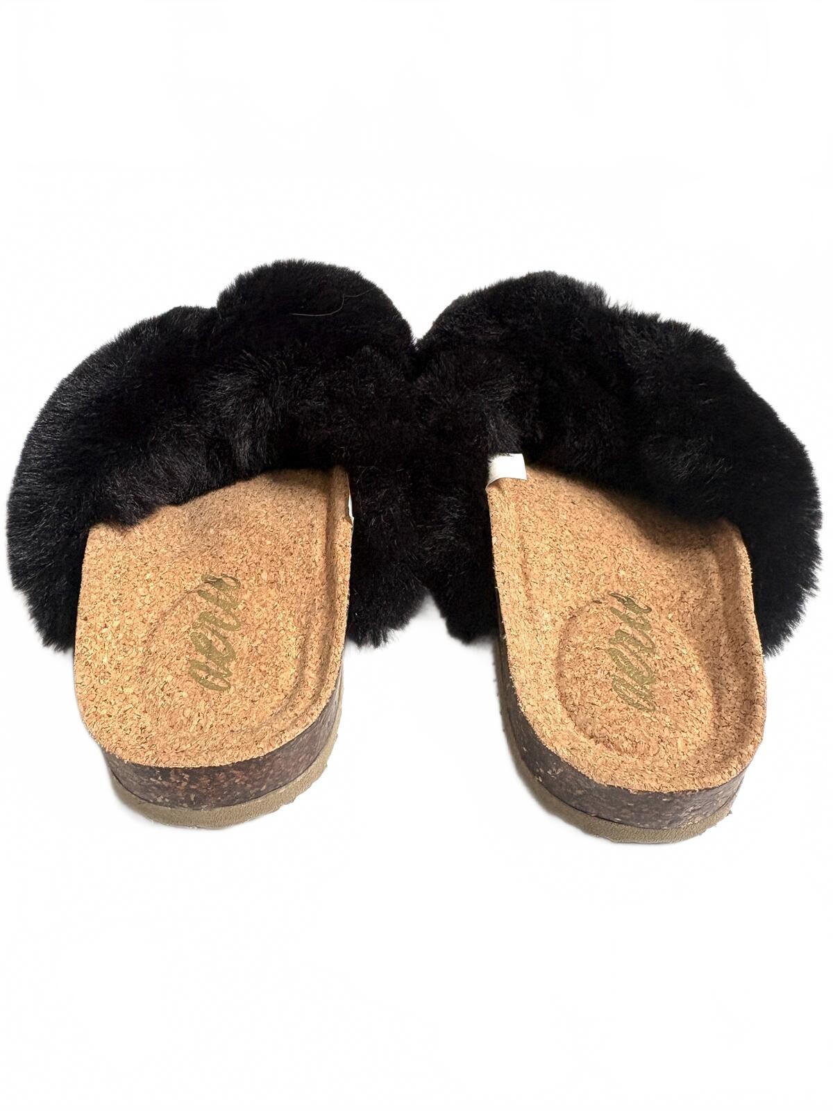 aerie | NWT Black Criss Cross Fuzzy Fur Cork Slip On Sandals Slippers Size 6