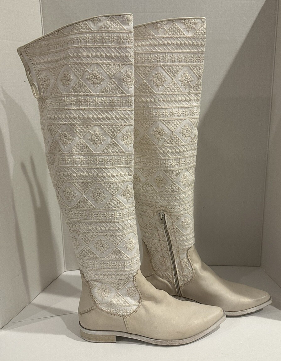FREE PEOPLE Bren Ecru Slouch Boots Textile/Leather US 10 / EU 40 NEW Retail $298