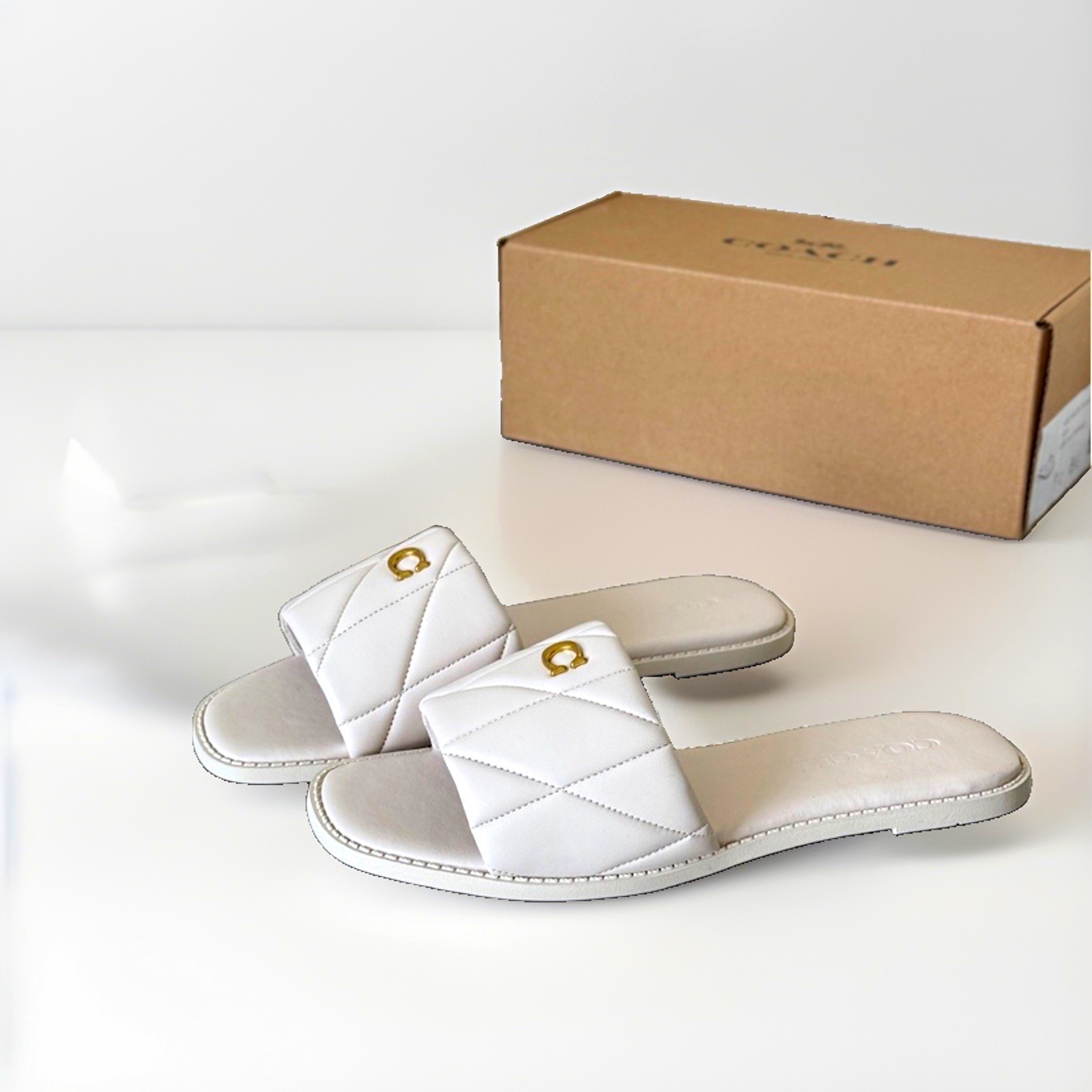 Women’s White Leather Quilted Logo Slide Sandals Slip-On Casual New w/ Box