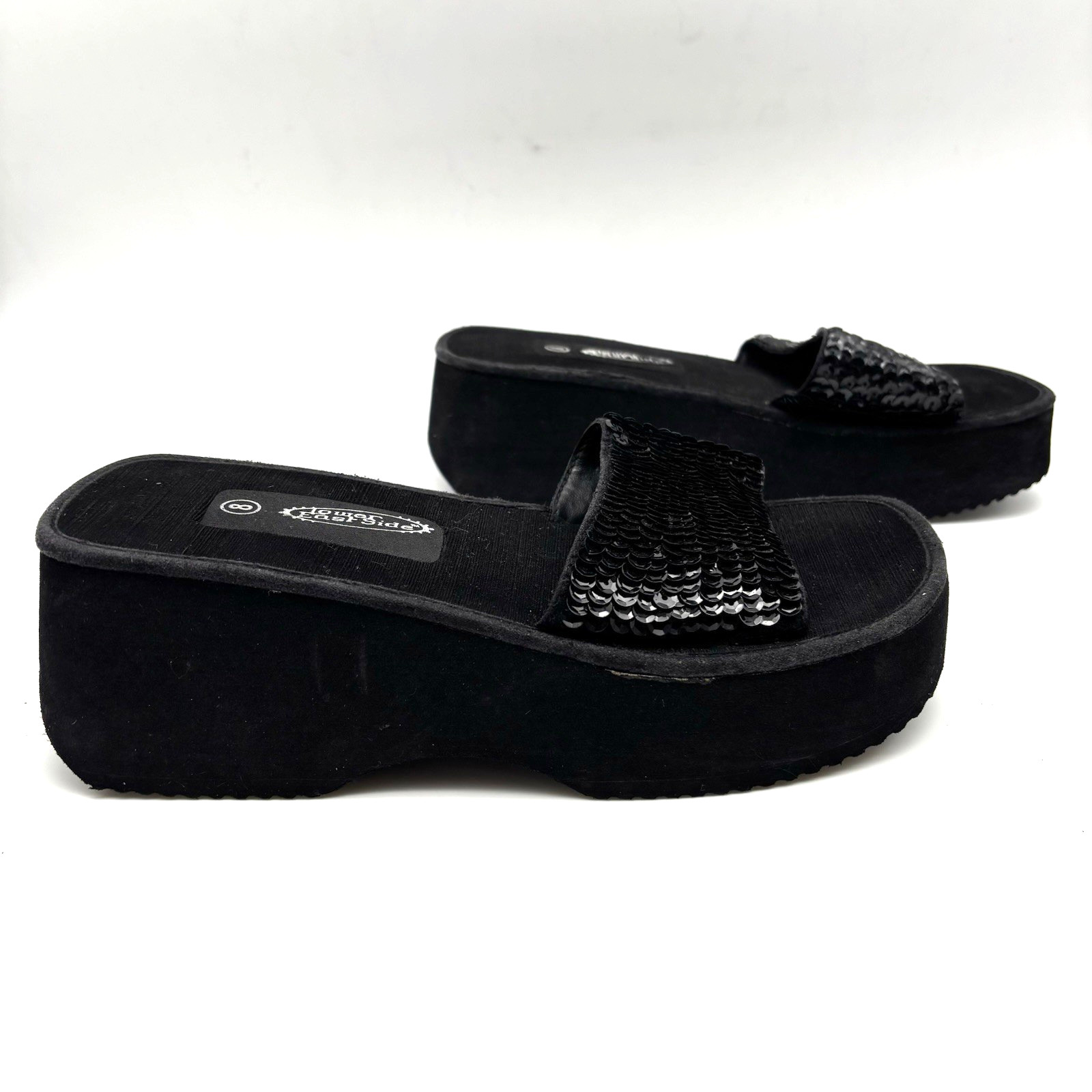 Vintage 90s Y2K Lower East Side 10706 Black Platform Sequin Strap Slide Sandal 8