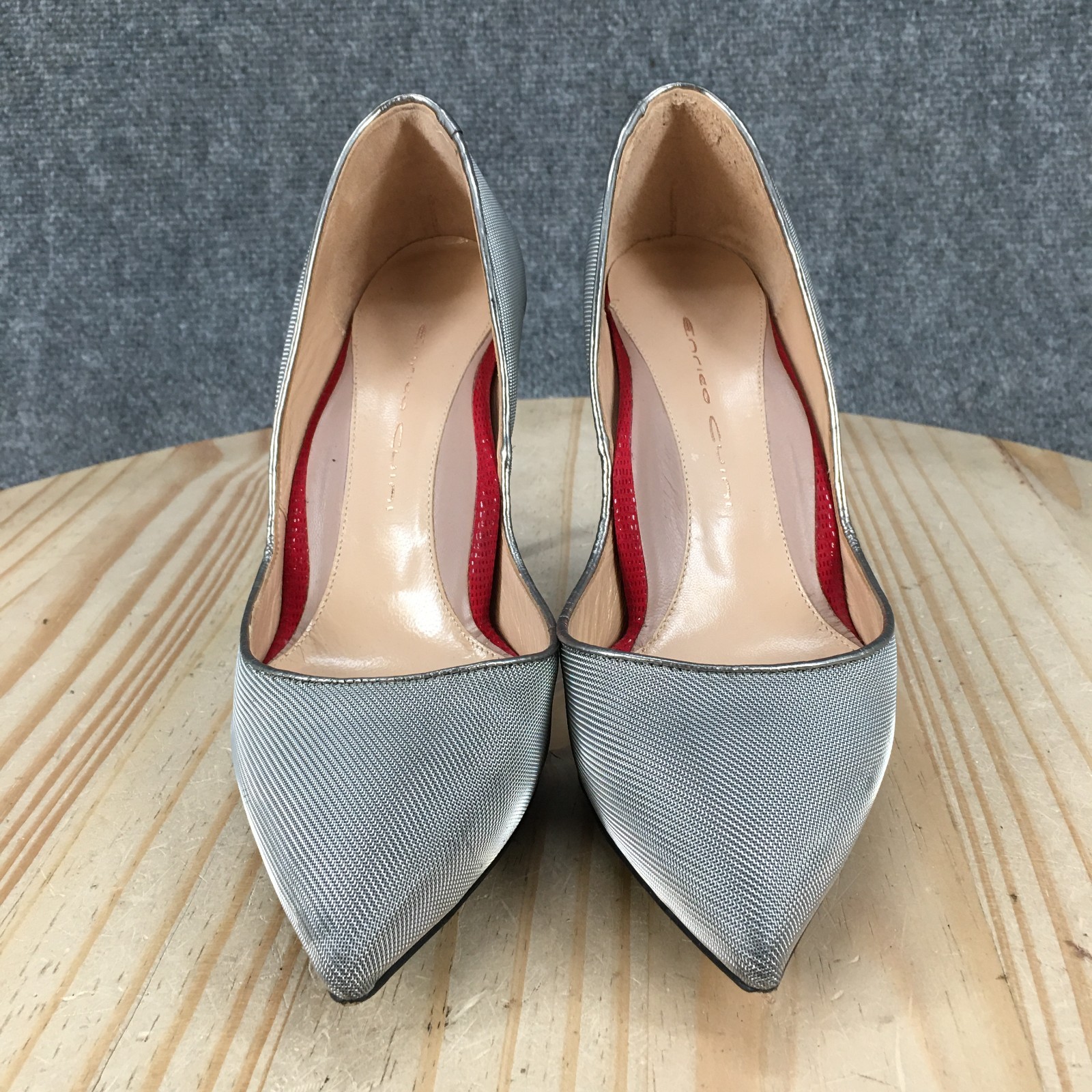 Enrico Cuini Dress Heels Womens 37.5 Slip On Pointed Toe Stiletto Pumps Silver