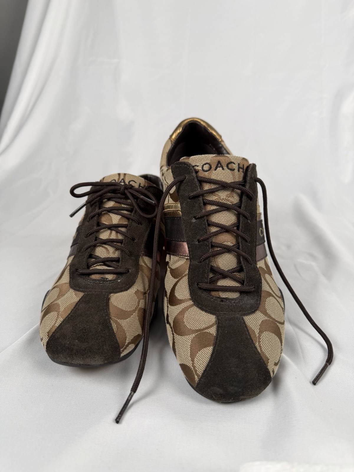 Coach JAYME Brown Gold Signature C Logo Sneakers Shoes Lace Up Womens Size 10M