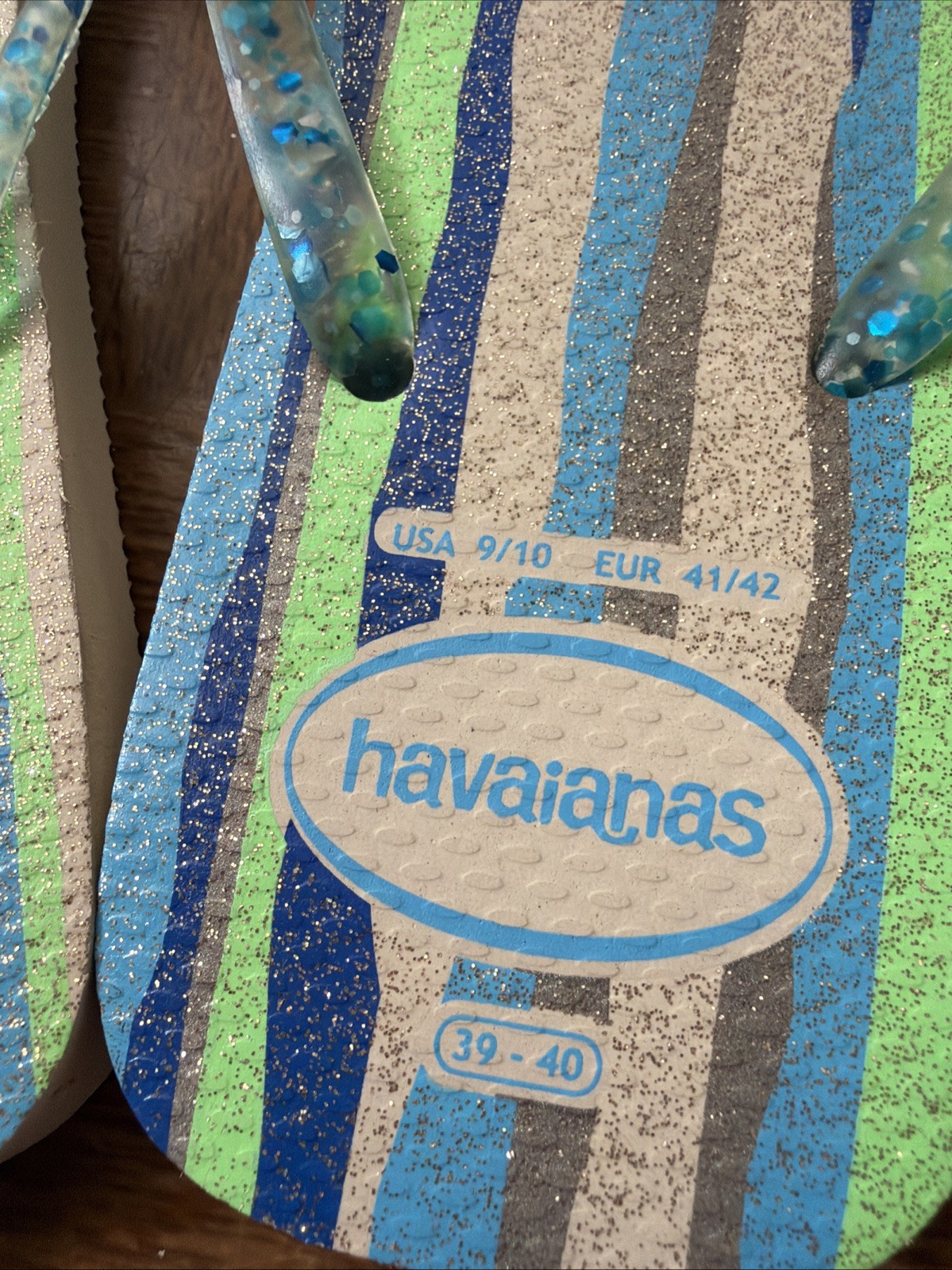 Havaianas Slim Square Folia Flip Flop Blue Stripped Glittery Women’s USA 9/10