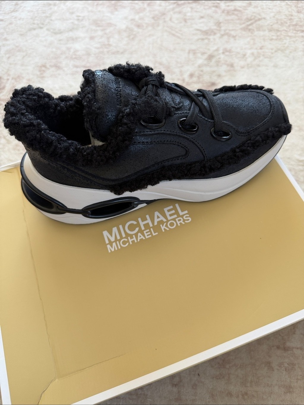 Michael Kors Toni Trainer Black Faux Shearling Lace-Up Sneaker