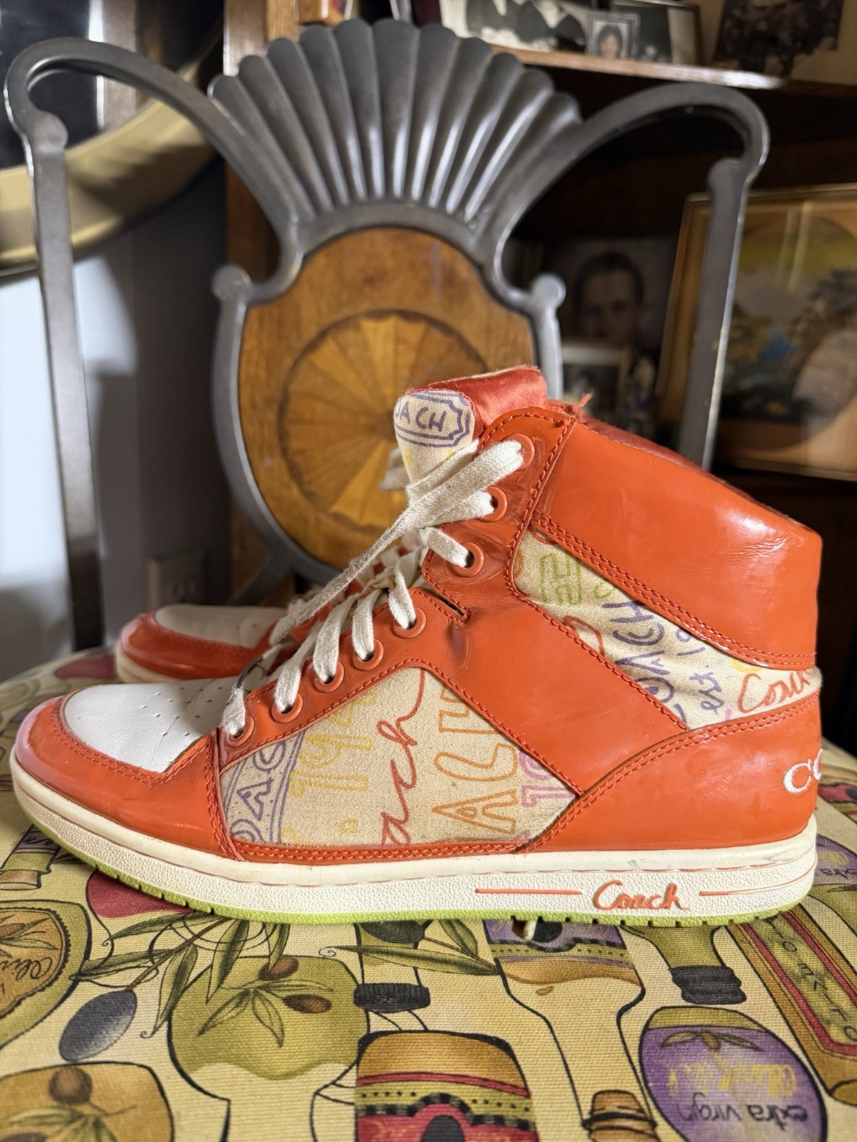 Coach Norra Orange Multicolor Graffiti High Top Logo Heart Women’s Sneakers