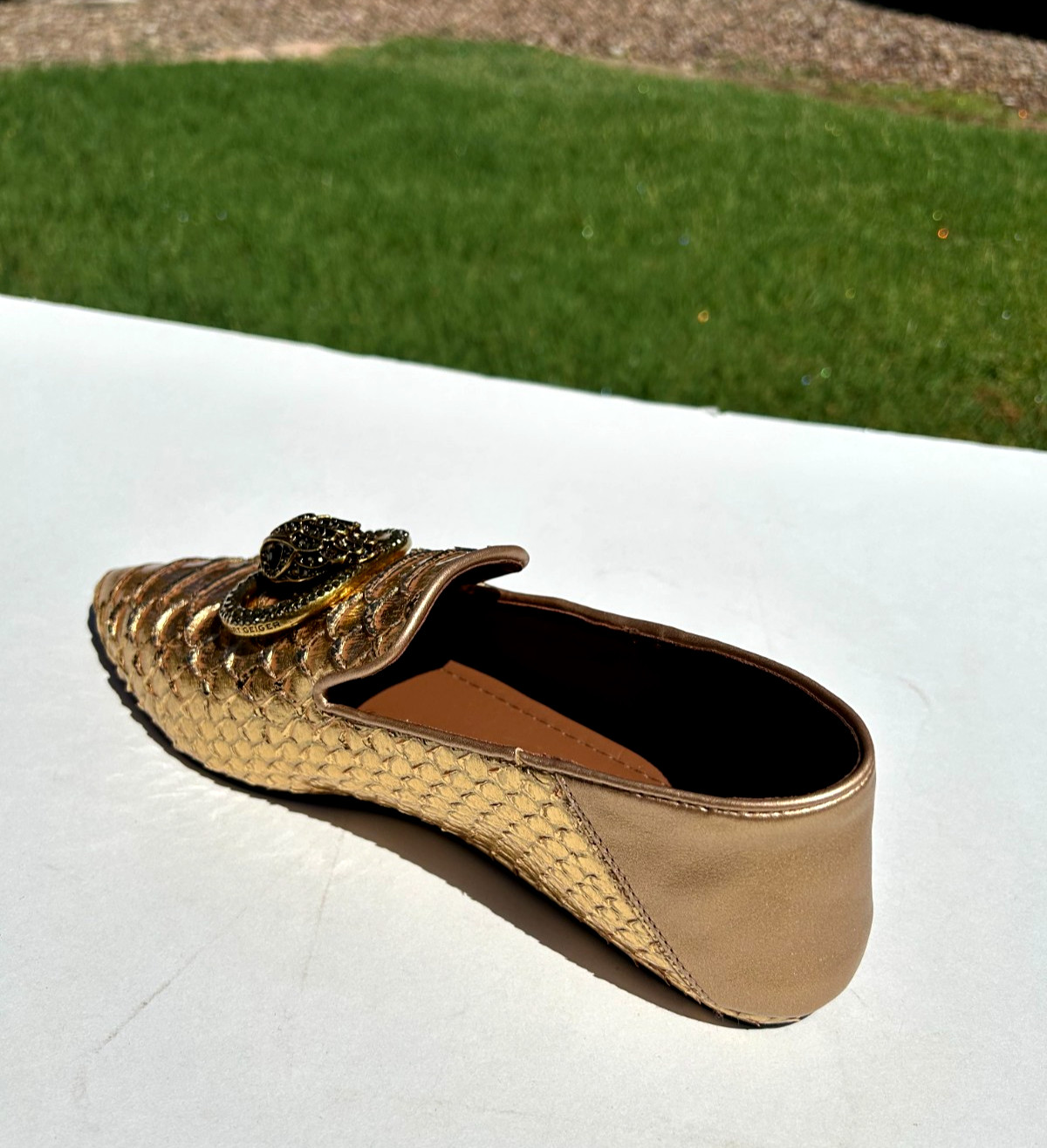 Kurt Geiger London Chelsea Point Flats 9 EU 40 Gold Snake Leather w/Eagle NEW