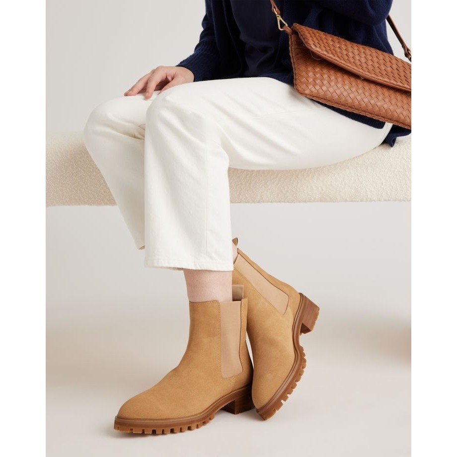 Quince Suede Chelsea Boots Women 6 Desert Color Lug Sole Block Heel Pull On New