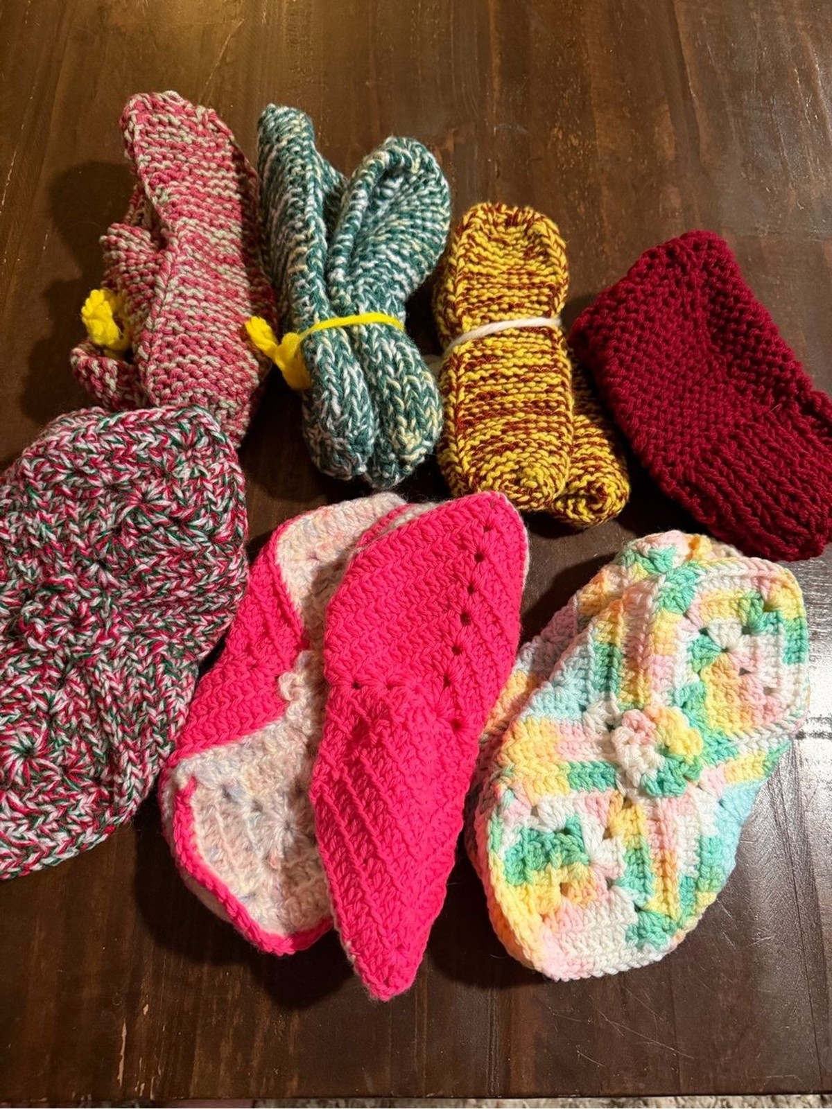 Hand-Knit Slipper Sock in Yellow & Maroon