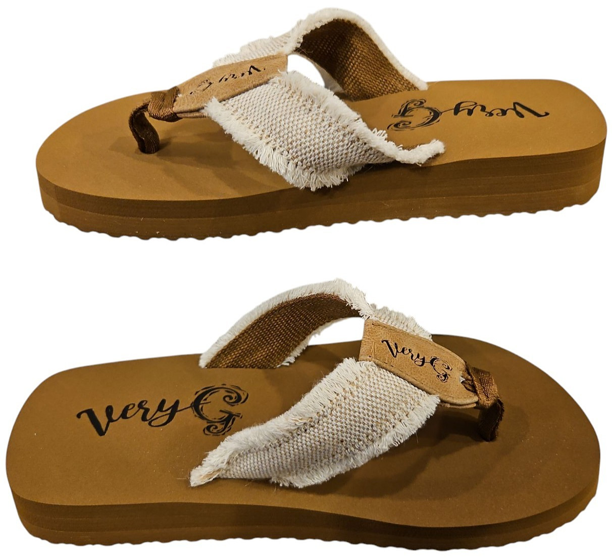 Very G Flip Flops Womens 9 Slip On GJazz 3 Natural Frayed Bohemian Beach New