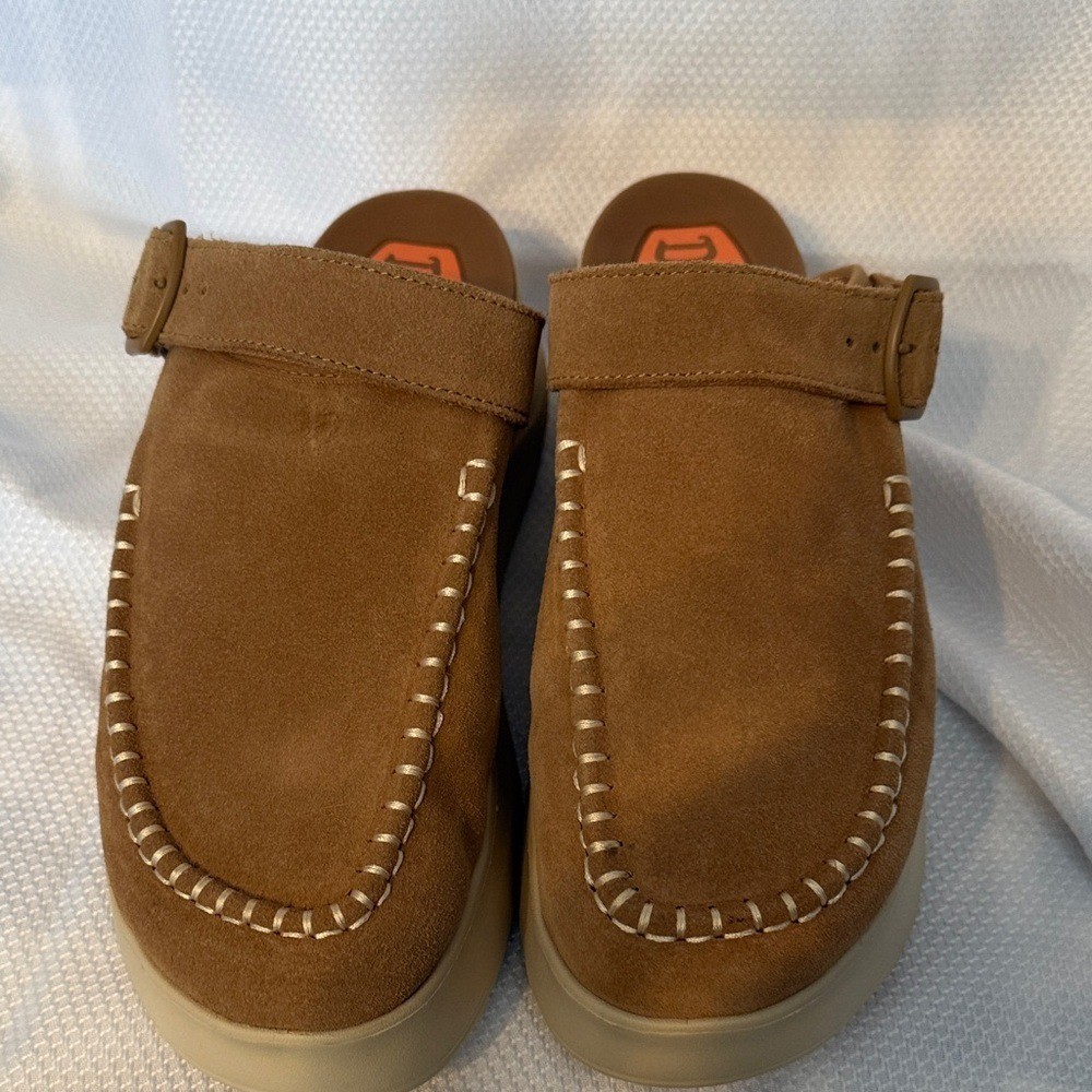 Hey Dude Delray Clog Suede Chestnut Brown Platform Mules Womens 11 44259-265