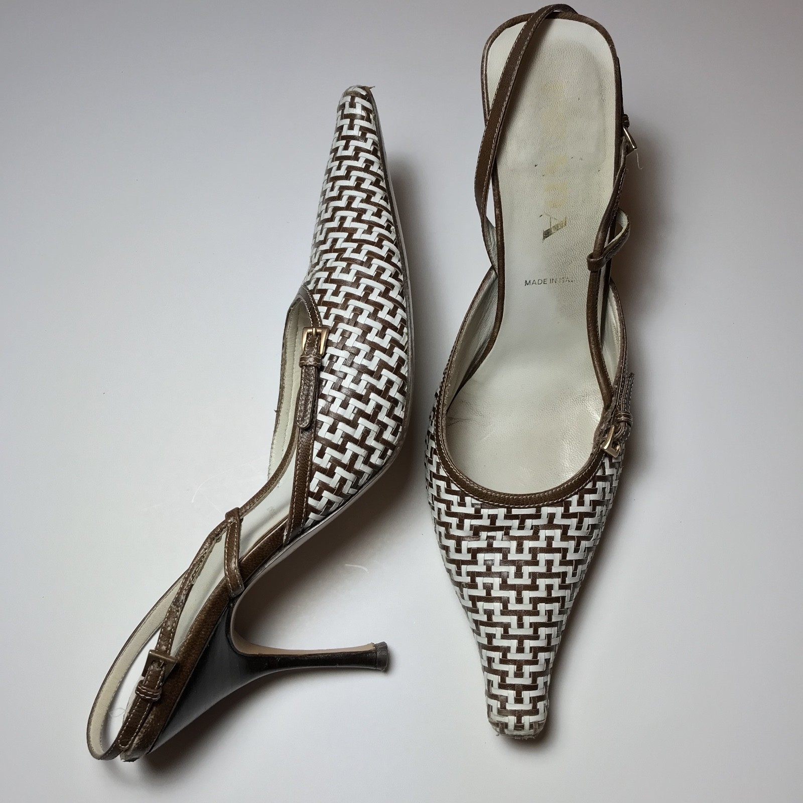 Prada Vintage Y2k Woven Art Deco Slingback Organic Point Buckle Heels 38.5