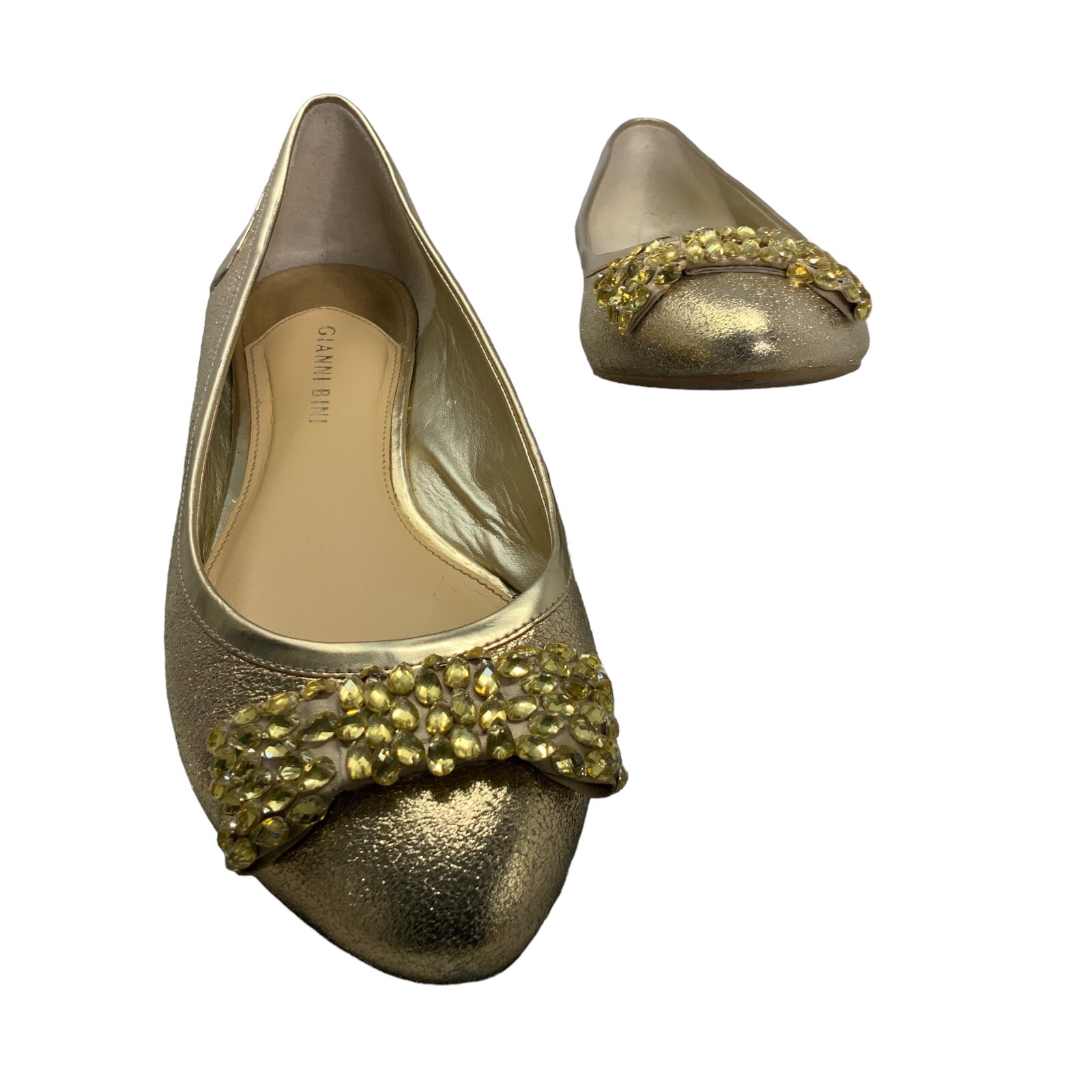 Gianni Bini Size 9.5M Gold Formal Ballet Flat Bow Leather Upper Pointed Toe
