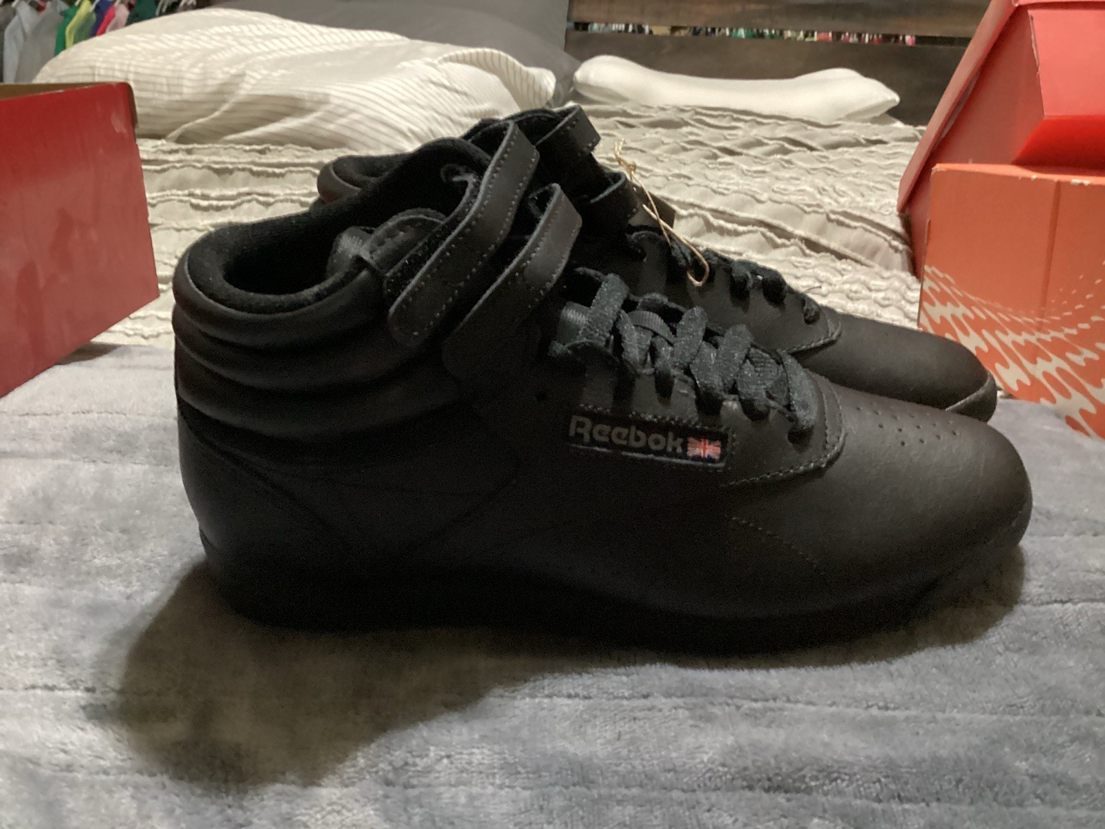 Women’s Reebok Freestyle Hi Black High Top Lace-Up Strap Athletic Sneakers