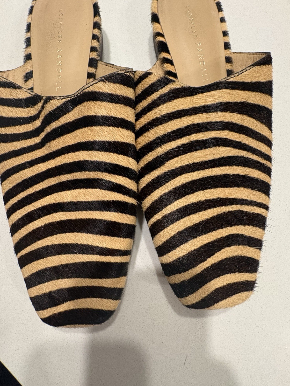Loeffler Randall Women’s Beige Black Animal Print Fur Mule Square Toe 7B