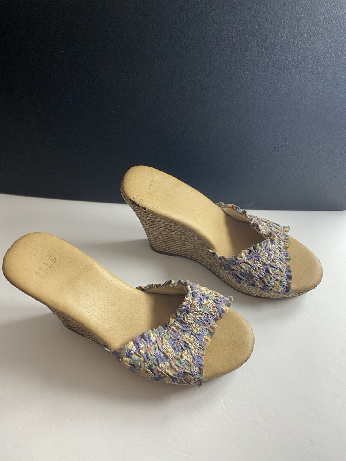 ELLE Women’s Floral Ruffle Slide Wedge Slip-On Sandals Multicolor/Beige 6