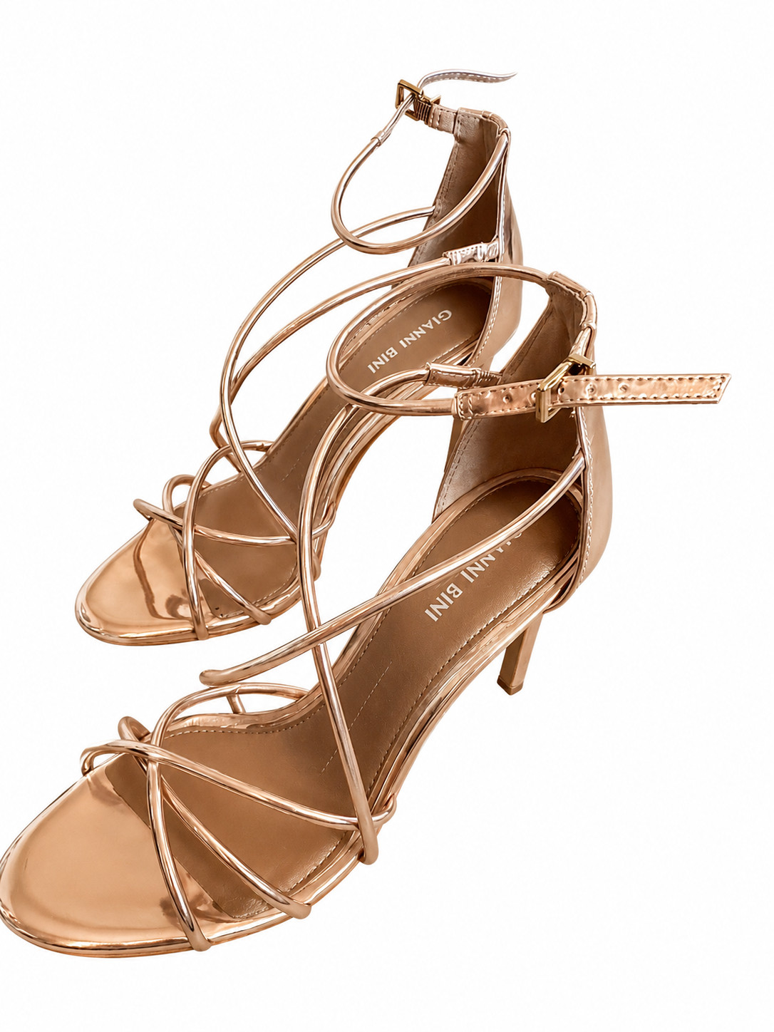 Gianni Bini Womens Size 8 Rose Gold Metallic Strappy Stiletto Sandals Heels