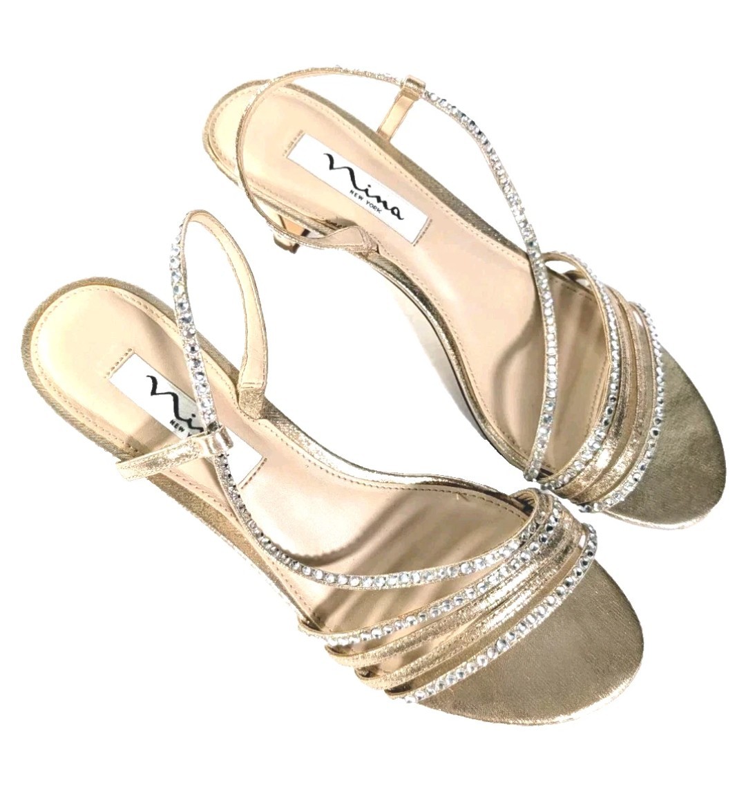 Nina New York Gerri Sandals 8M Gold Rhinstone Strappy Slingback Evening Sandals