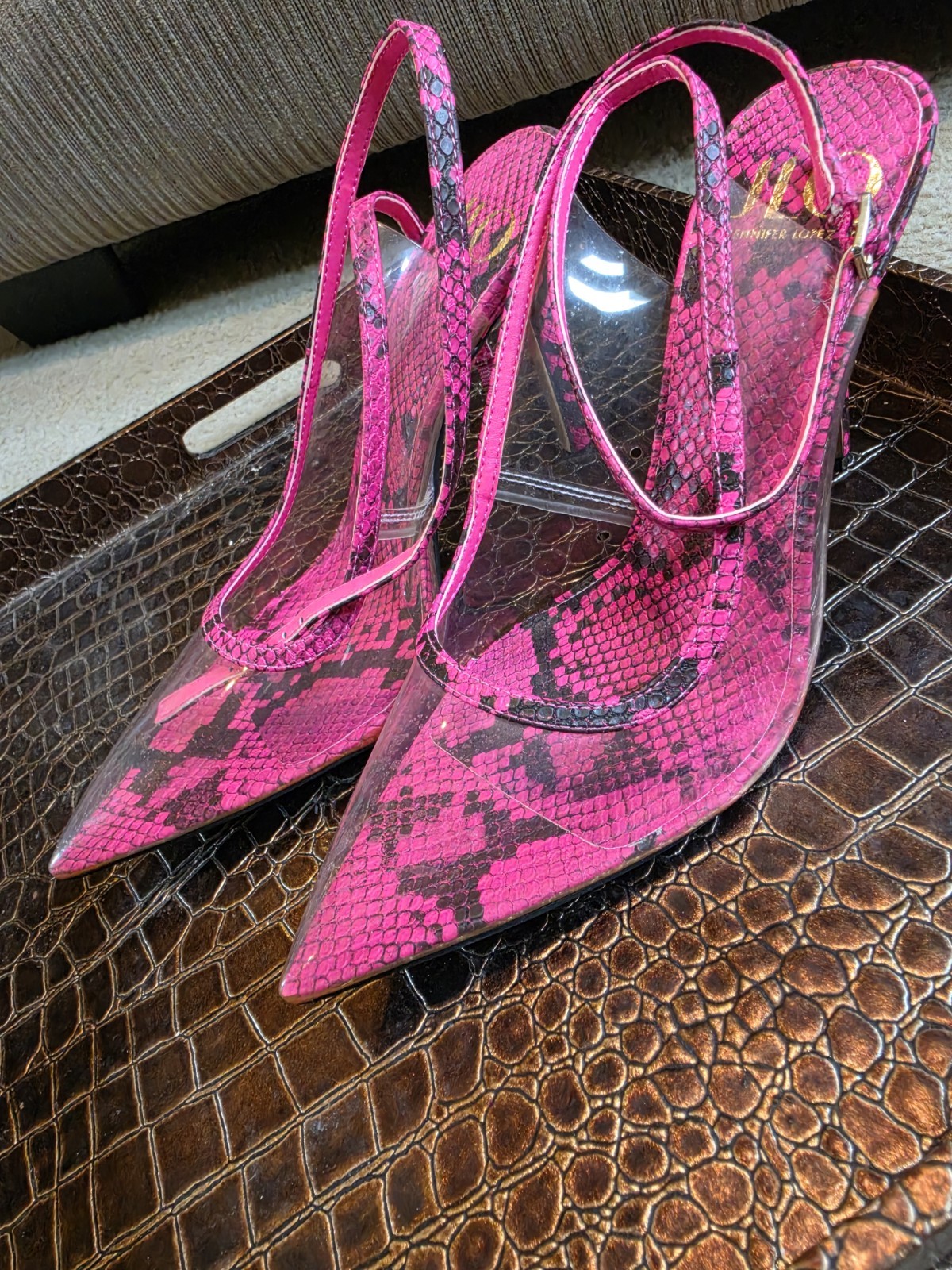 J Lo Fushia Pink Leopard Clear Strappy Ankle Pumps Heels Size 9 Fits 8