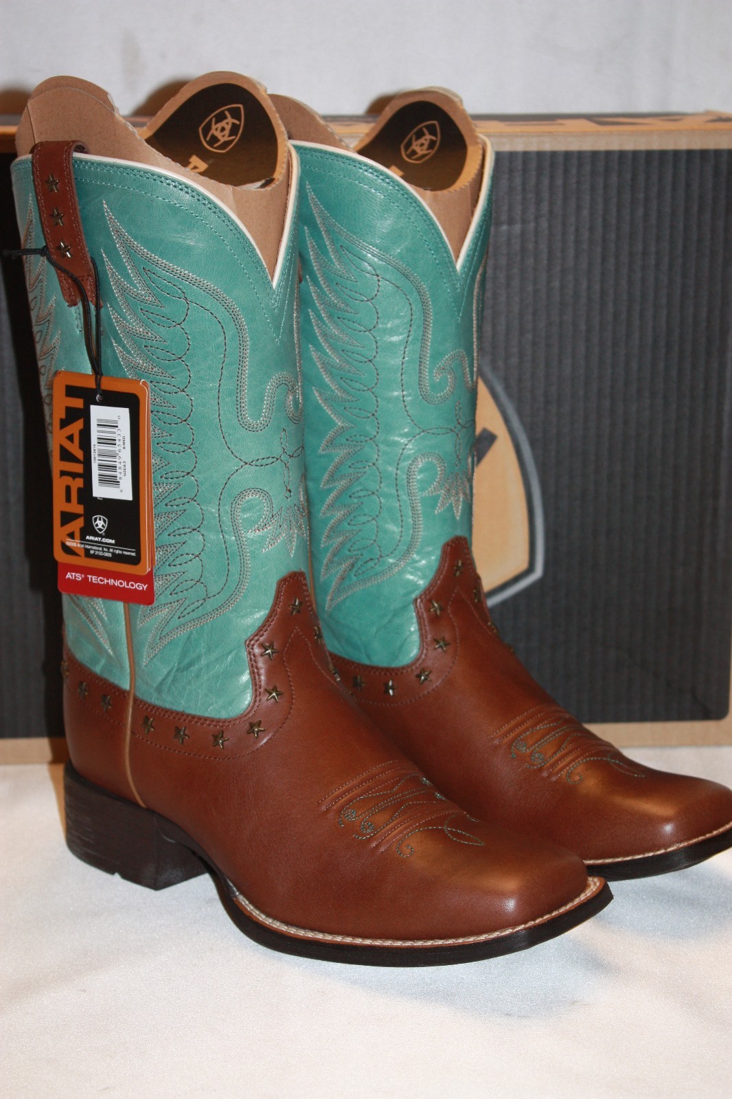 NEW! NIB! ARIAT Dark Bay Glazed Turquoise Leather HONOR Square Toe Boots $260