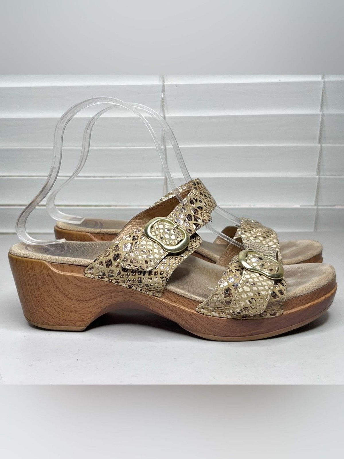 Dansko Sophie Snake Print Wooden Block Heel Sandals Sz 40