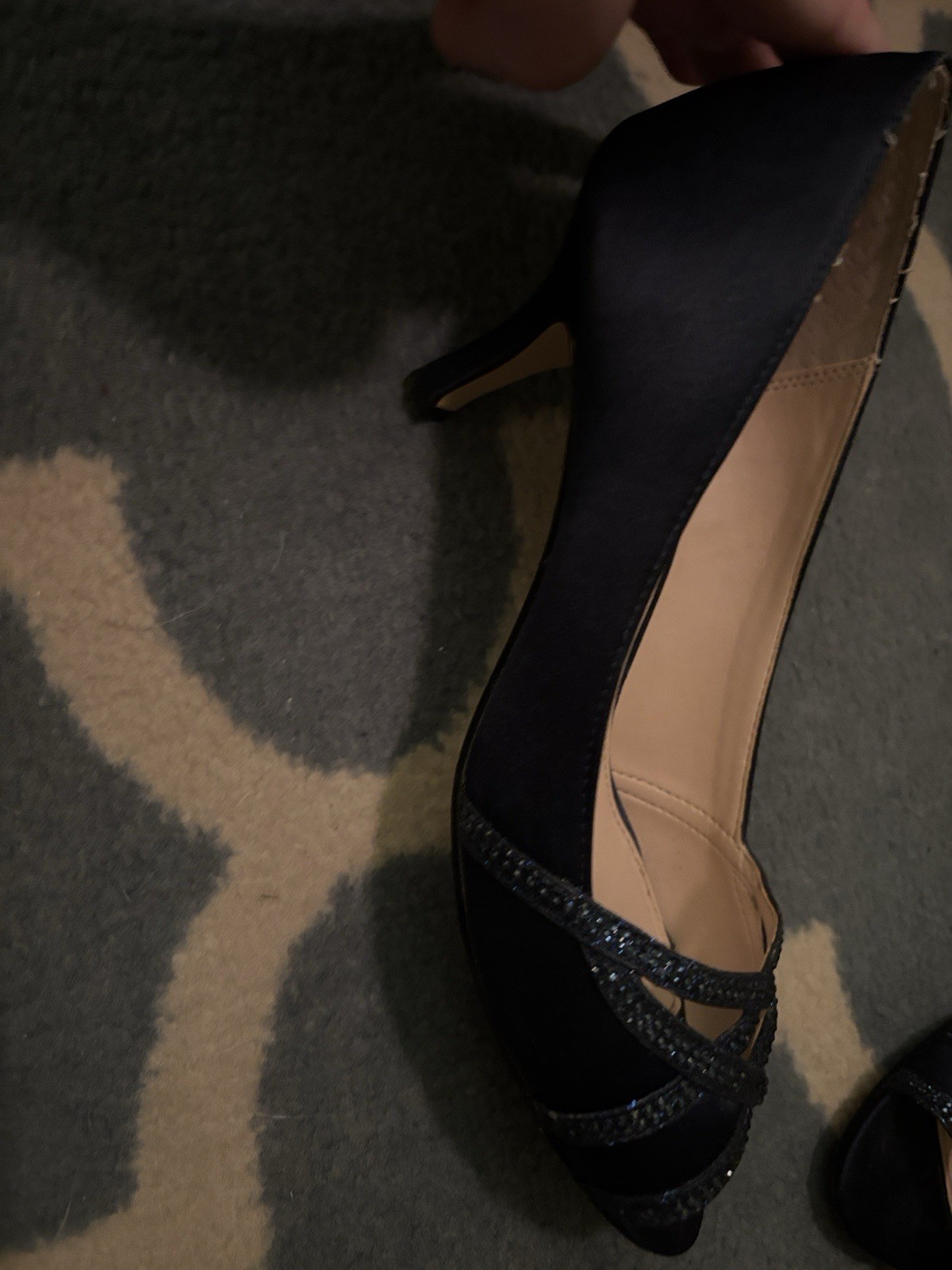 Nina Women’s Navy Satin Peep Toe Stiletto Pumps Glitter Slip-On US 8 M