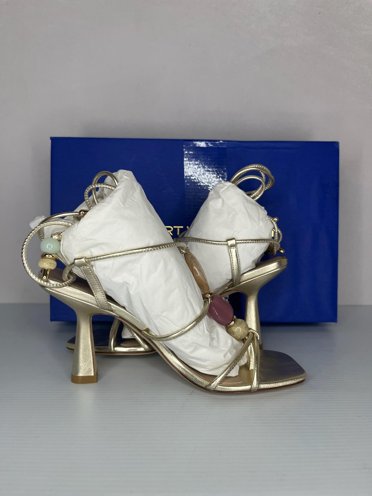 Stuart Weitzman Sandals Womens Size 6.5 Gold Majorca Wrap San 85 Beaded NEW Box
