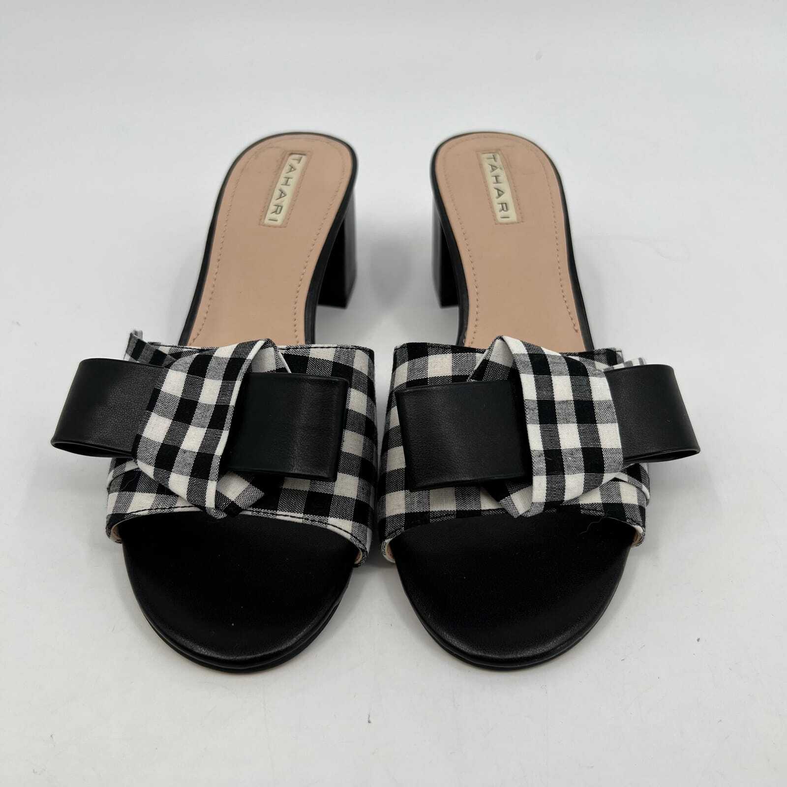 Tahari Black and White Gingham Bow Slip-On Sandals | Heel Height Mid 2-2.9in