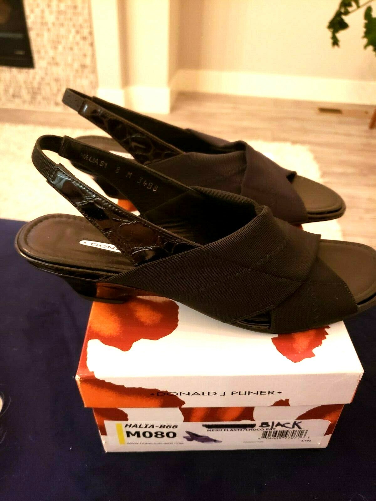 DONALD J PLINER Brown Patent Croc Black/Expresso Mesh Elastic Heels Halia-B66