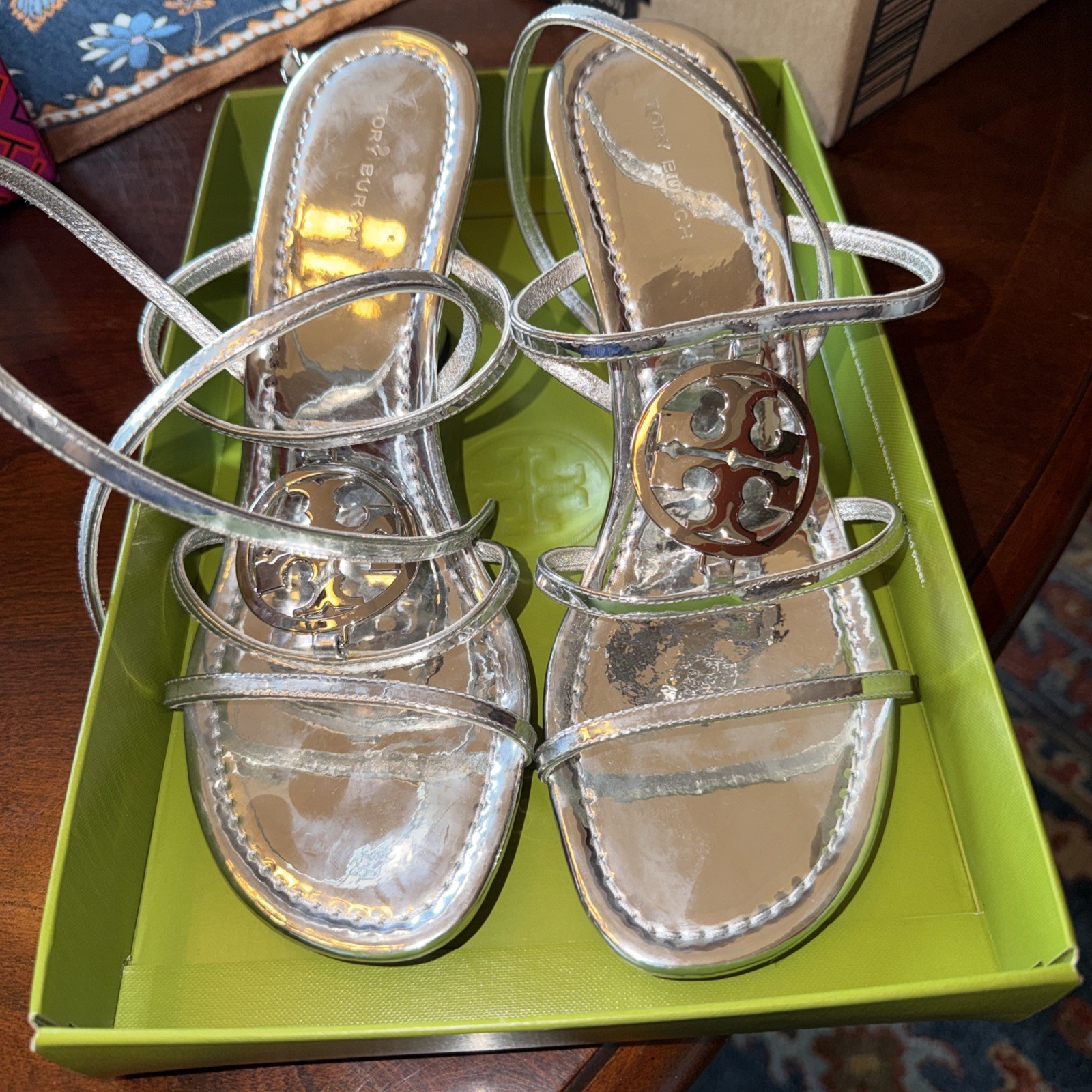 Tory Burch Capri Miller Logo Wedge Sandals Size 8 New Metallic silver ret $265