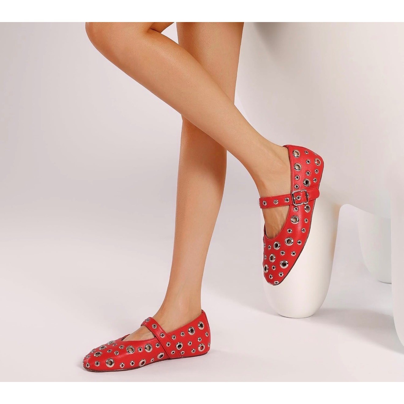 Red Grommet Mary Jane Flats Buckle Strap Eyelet Shoes Womens 8.5 NEW