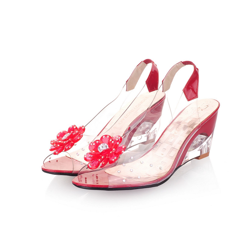 Women’s Peep Toe Flower Rhinestone Clear Sandals Mid Wedge Heel Slingbacks Shoes