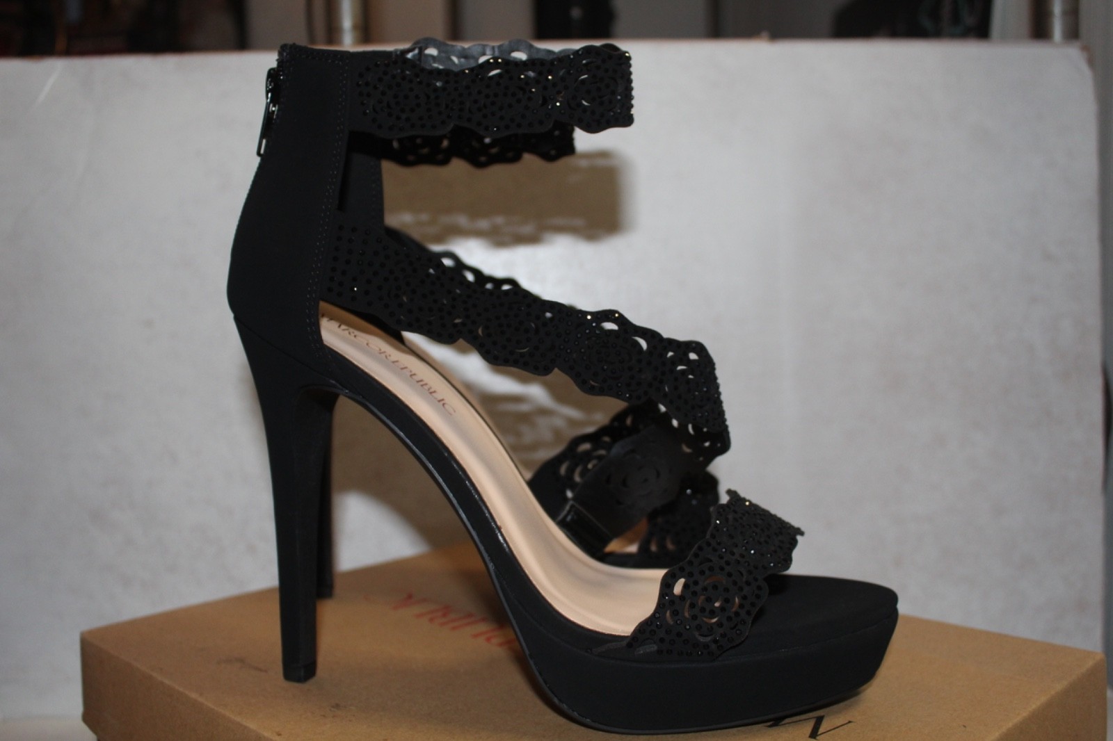 Marco Republic Yorkshire Laser Cut Rose Stiletto Sandals Black 5.25” Heel