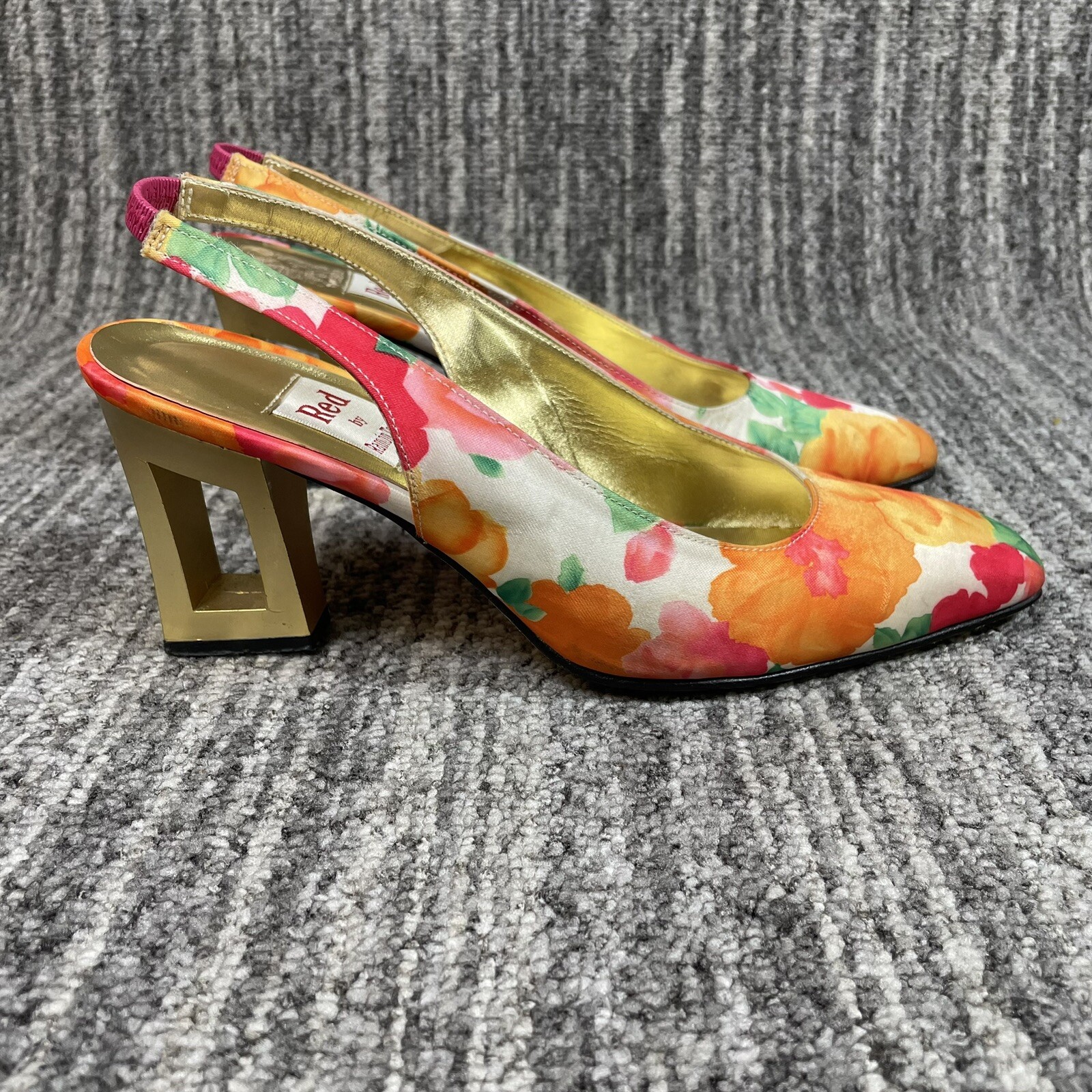 RED by Ramon Tenza Sz 7.5 M Leather Sole Multicolor Flowers Gold 2″ heel