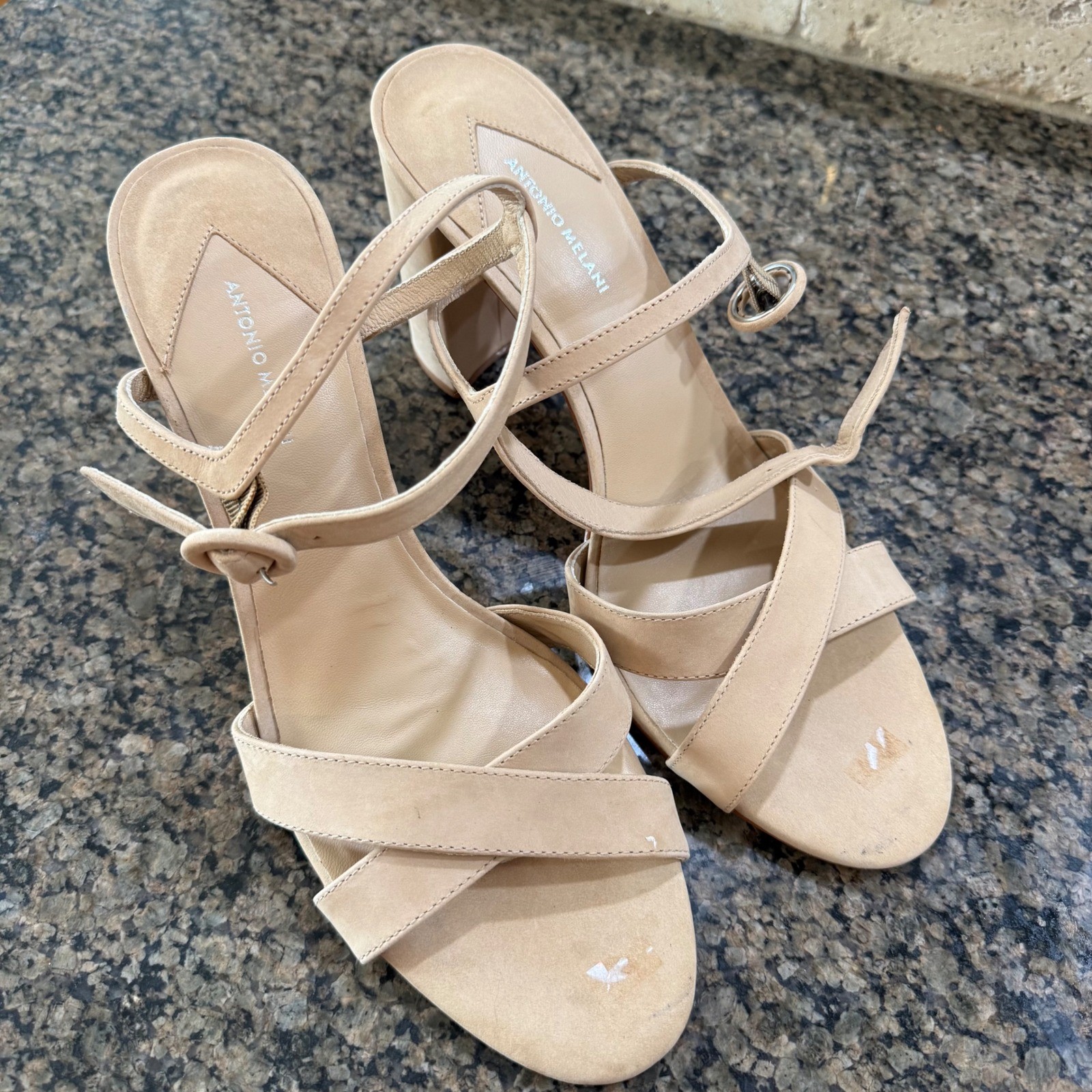 Antonio Melani Nude Suede Strappy Block Heel Sandals Size 12M Made in Brazil