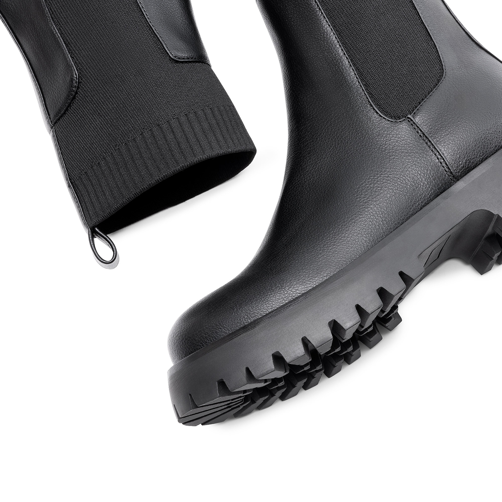 Women Platform Chelsea Boots with Ribbed Sock Upper and Lug Sole Mid Calf Boots