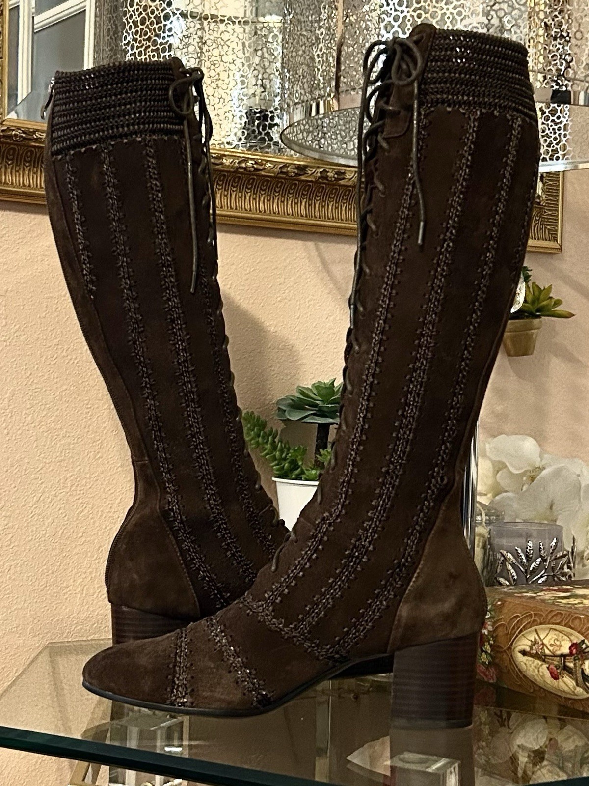 Free People Silent D Brown Suede Macrame Knee High Lace Up Boots Size 41